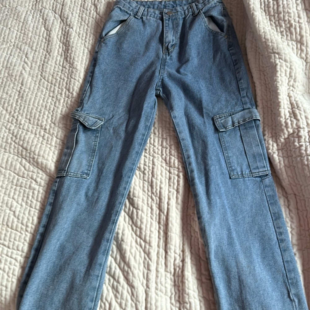 Size extra small blue denim, baggy pants with two pocket flaps